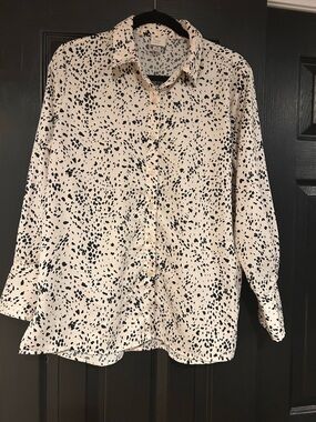 Cream and Black Printed Button-Up Blouse